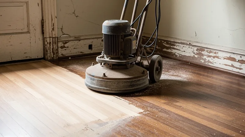 Hardwood floor sanding equipment in an older home in De Soto, KS