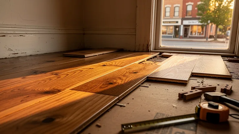 Hardwood flooring installer working in a home near downtown Olathe, KS